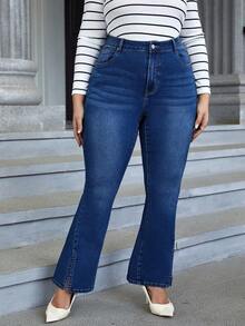 SHEIN LUNE Hơn Cao eo Viền chia cắt Quần ống loe - Màu xanh lam - Xem 4