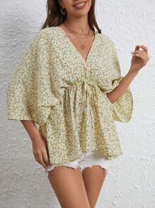 SHEIN VCAY 小碎花蝙蝠袖前打結荷葉邊下擺襯衫 - 彩色 - 查看 4