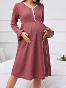 SHEIN Thai sản Trang trí ren Dệt kim Waffle Váy ngủ - Gỗ đỏ - Xem 5