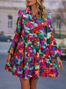 SHEIN LUNE Allover Leaf Print Lantern Sleeve Ruffle Hem Smock Dress - Multicolor - View 1