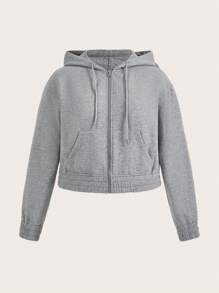SHEIN BASICS Plus Size Cozy Fleece Zip Up Drawstring Sweatshirt - Light Grey - View 6