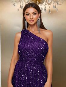 YISIKADO Women Sequin Formal Evening Dress Ball Gown Sleeveless Asymmetrical Neck Split Thigh Elegant Long Dress Prom Party Wedding Guest Graduation Banquet Dinner - Purple - View 6