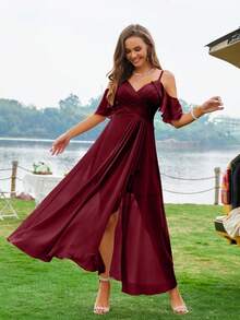 Cold Shoulder Ruffle Trim Wrap Hem Chiffon Bridesmaid Dress - Burgundy - View 3