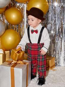 SHEIN Baby Boy Tartan Print Bow Front Shirt & Suspender Pants, For Christmas Autumn Winter Clothes FGirlmen - Multicolor - View 9