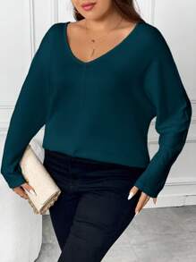 SHEIN Frenchy Plus Solid V Neck Tee - Blue - View 5