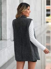 SHEIN Privé Plaid Waterfall Collar Vest Overcoat - Black and White - View 4
