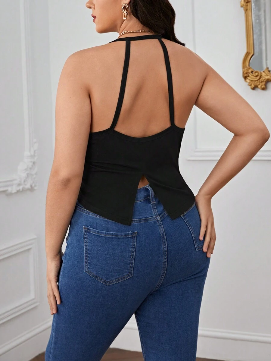 SHEIN Privé Plus Solid Backless Halter Top - Black - View 1