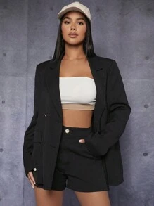 SHEIN PETITE 西裝領雙排釦西裝外套&短褲 - 黑色 - 查看 1