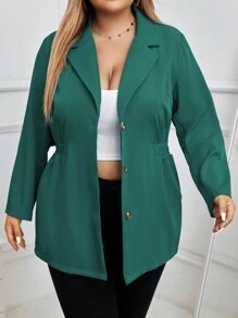 SHEIN Clasi 大碼西裝領前紐扣彈性腰帶外套 - 綠色 - 查看 1