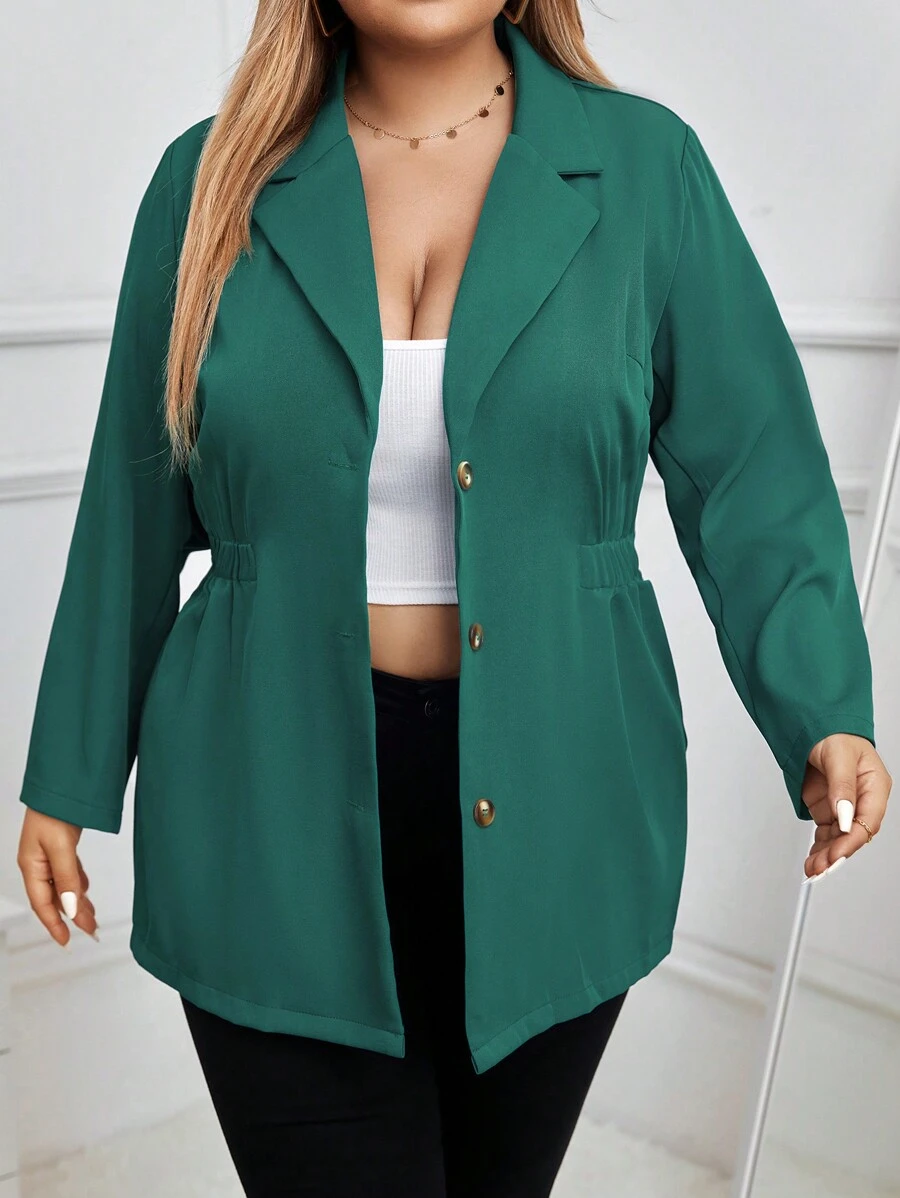 SHEIN Clasi 大碼西裝領前紐扣彈性腰帶外套 - 綠色 - 查看 1