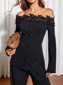 SHEIN Privé Off Shoulder Guipure Lace Trim Button Front Tee - Black - View 1
