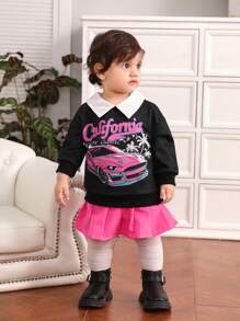 Baby Girl Car & Letter Graphic Contrast Collar Tee & Pleated Skirt - Multicolor - View 3