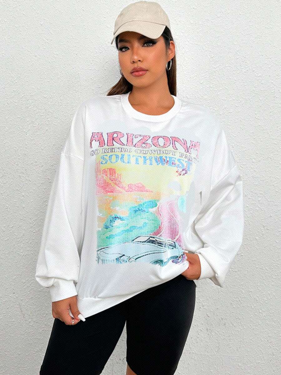 SHEIN EZwear 大碼汽車和字母圖案落肩袖運動衫 - 白色 - 查看 1