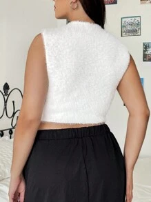 SHEIN EZwear 大碼小高領短款毛茸茸針織上衣 - 白色 - 查看 2