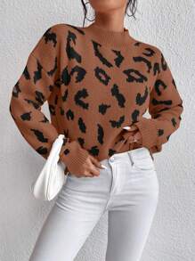 SHEIN Elenzya Áo len chui đầu tay rớt vai họa tiết da báo, thích hợp cho mùa thu đông. - màu nâu - Xem 5