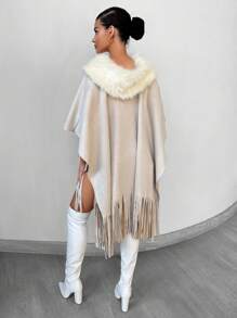 SHEIN SXY Borg Collar Fringe Trim Cape Overcoat New Years Eve Party Sexy - Apricot - View 2