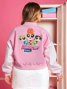 THE POWERPUFF GIRLS X SHEIN 大碼字母和卡通圖案落肩袖雙色飛行員夾克 - 淺粉色 - 查看 1