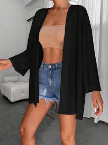 EURMUSE Solid Drop Shoulder Open Front Kimono, For Summer Beach Vacation - Black - View 5