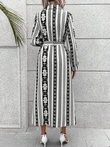 SHEIN LUNE Geo Print Belted Shirt Dress - Black and White - View 3