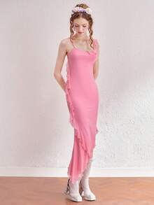 SHEIN MOD 荷葉邊不對稱下擺洋裝 - 粉色 - 查看 5