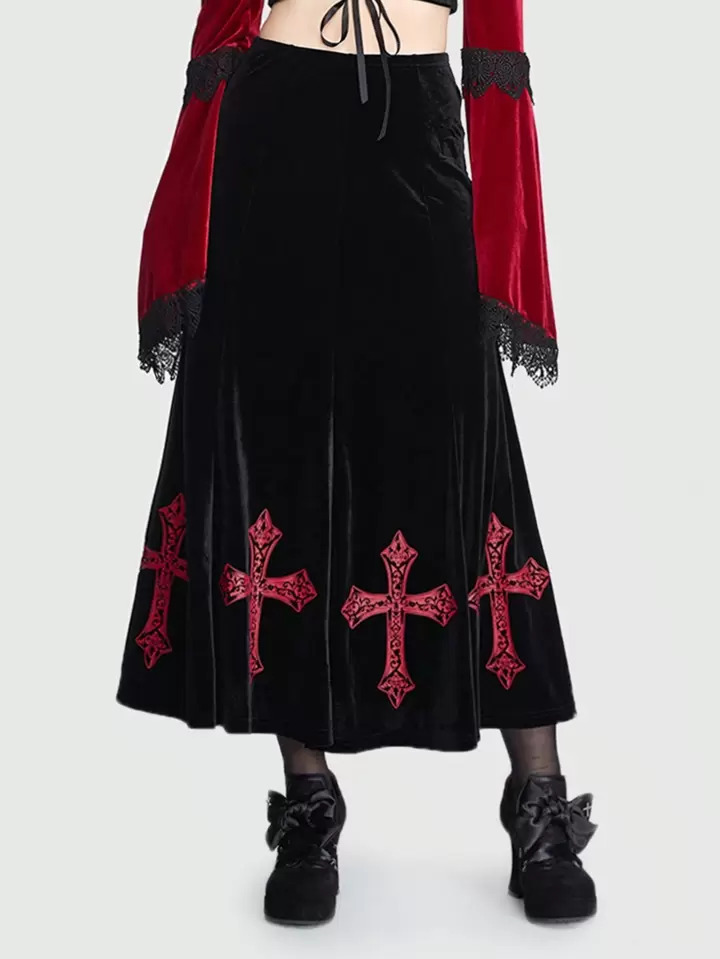 Goth Cross Print Velvet Skirt SHEIN EUR