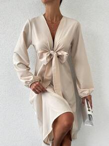 SHEIN Cottnline Solid Knot Front Lantern Sleeve High Low Hem Dress - Beige - View 1