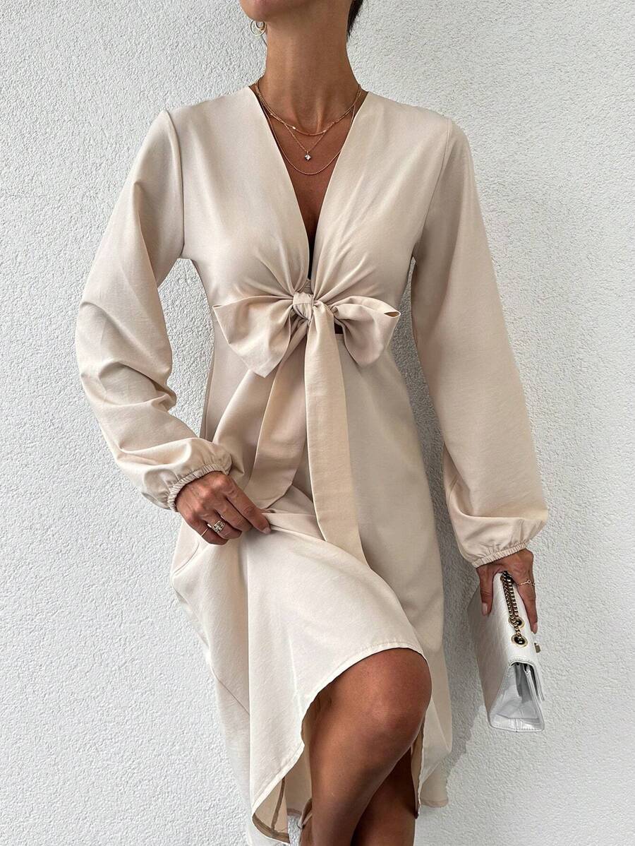 SHEIN Cottnline Solid Knot Front Lantern Sleeve High Low Hem Dress - Beige - View 1