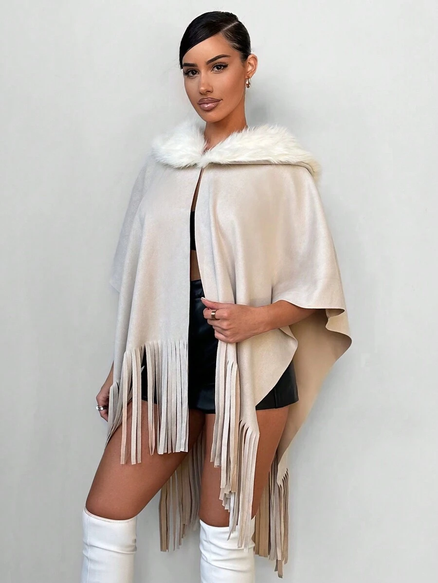 SHEIN SXY Borg Collar Fringe Trim Cape Overcoat New Years Eve Party Sexy - Apricot - View 1