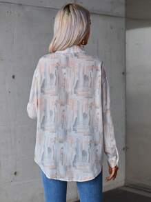SHEIN Privé 滿版印花前紐扣襯衫 - 橘色 - 查看 2