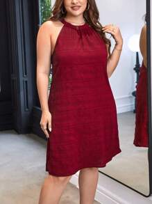 SHEIN Privé Plus Solid Halter Neck Dress - Burgundy - View 3