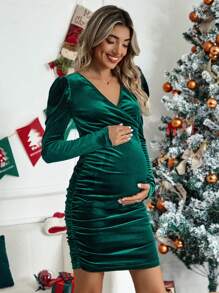 SHEIN Maternidad vestido ajustado con lateral fruncido y cuello sobrepelliz - Verde Oscuro - Ver 5