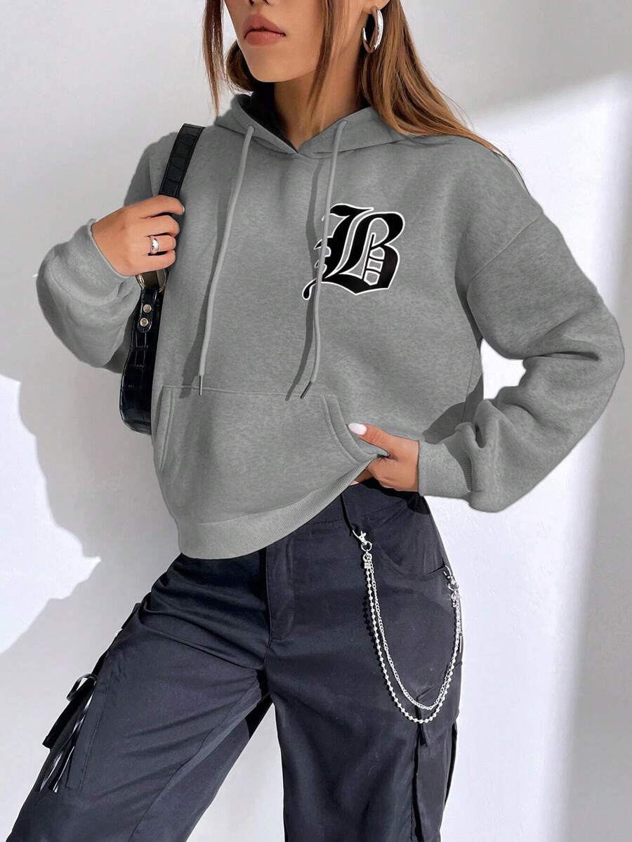 SHEIN EZwear Áo nỉ có mũ trùm đầu in chữ hàng ngày dành cho nữ, mùa thu - Màu xám đen - Xem 1