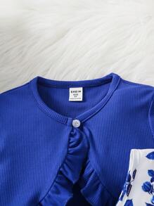 SHEIN Young Girl Floral Print Bow Front Dress & Ruffle Trim Jacket,Holiday,Summer,Travel - Blue and White - View 6