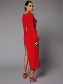 SHEIN BAE 方領喇叭袖開衩大腿洋裝 - 酒紅色 - 查看 2