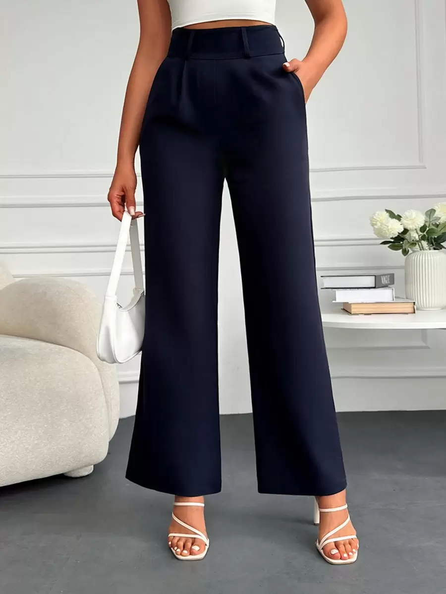 SHEIN Cottnline Pantalones de talle alto con fruncido - Azul Marino - Ver 1