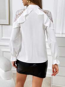 SHEIN Privé Contrast Lace Ruffle Trim Flare Sleeve Blouse - White - View 2