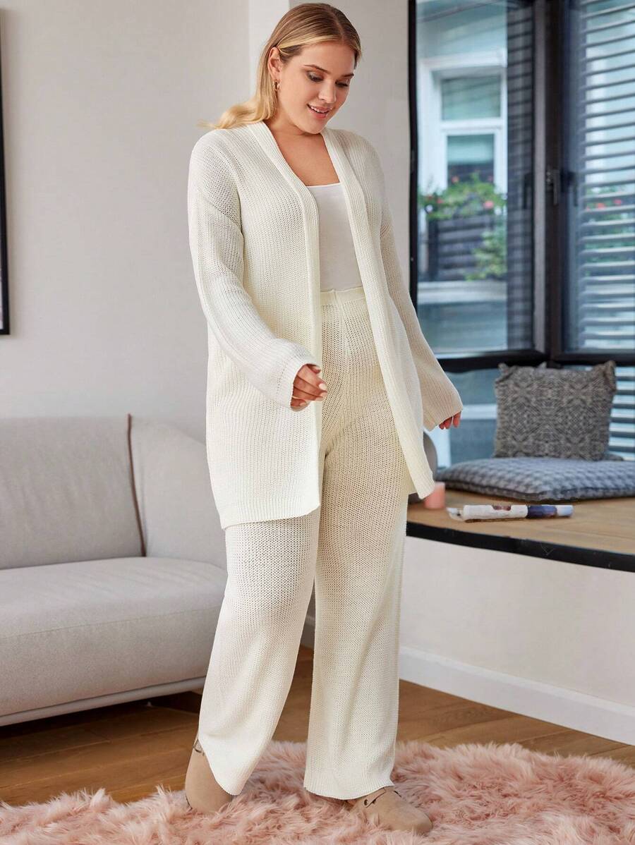 RueChic Plus Solid Drop Shoulder Cardigan & Knit Pants Without Tank Top - Beige - View 1