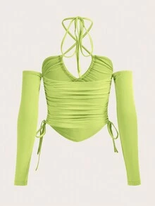 SHEIN ICON Camiseta unicolor con cordón lateral de cuello halter - Verde Lima - Ver 2