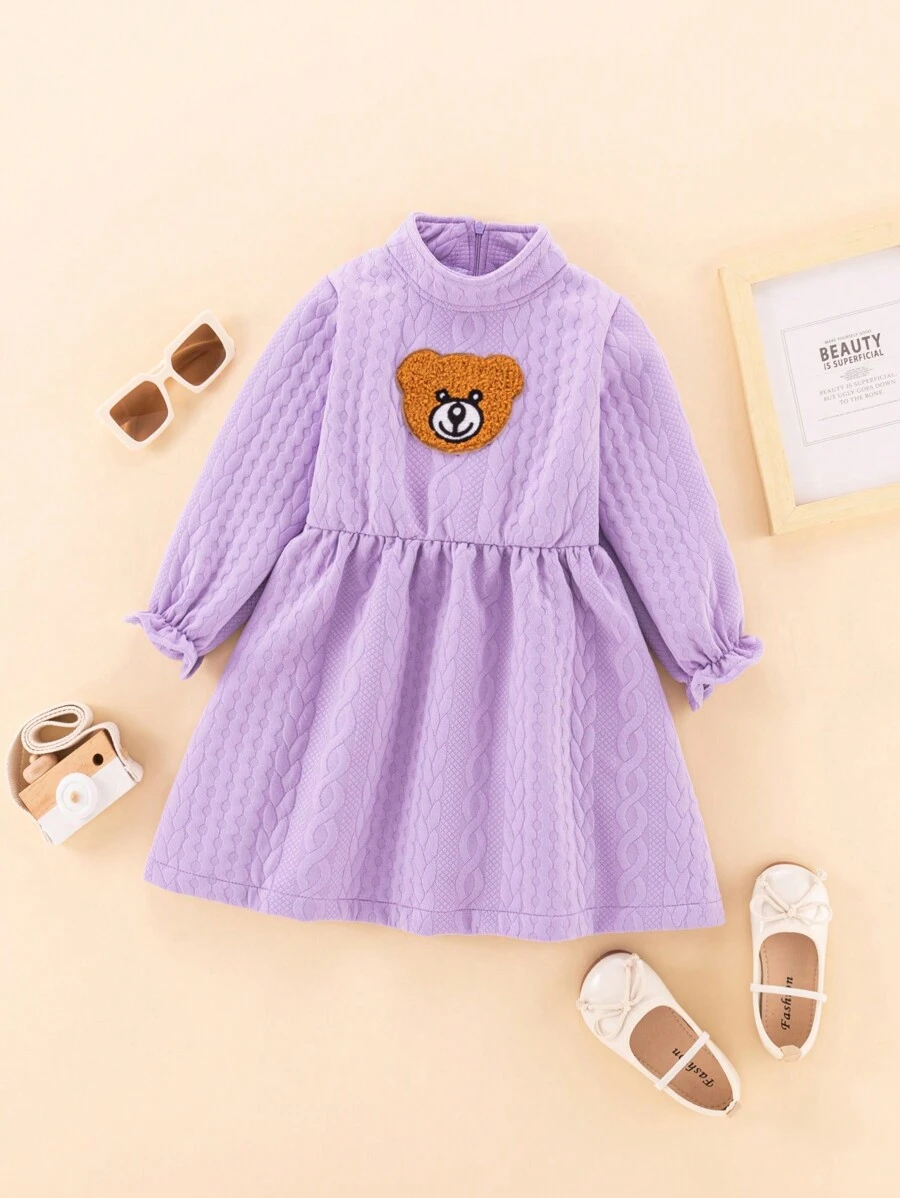 SHEIN Cô Gái Trẻ Bản vá Gấu Tay áo loe Cổ giả Đầm - Màu tím - Xem 1