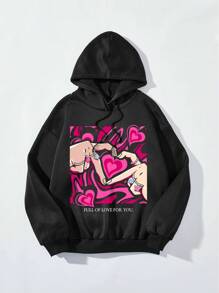 SHEIN EZwear 休閒簡約長袖帽衫，手勢愛心和字母印花設計，適合秋冬季節，女性超大尺碼 - 黑色 - 查看 1