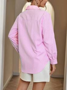 SHEIN Privé 條紋印花前紐扣襯衫 - 粉色 - 查看 2