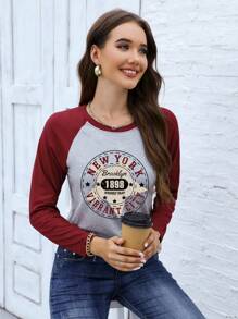 INAWLY Letter Graphic Raglan Sleeve Tee Graphic Tees Women Tops Fall Cloth For Women - Burgundy - View 3