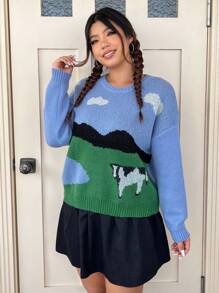 SHEIN EZwear Hơn Hình con bò Thả vai Áo len - Nhiều màu - Xem 3