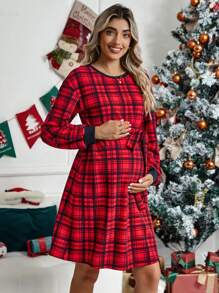 SHEIN Maternity Plaid Print Belted Dress - Red - View 4