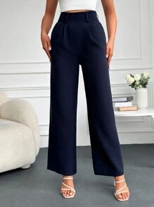 SHEIN Cottnline Pantalones de talle alto con fruncido - Azul Marino - Ver 4