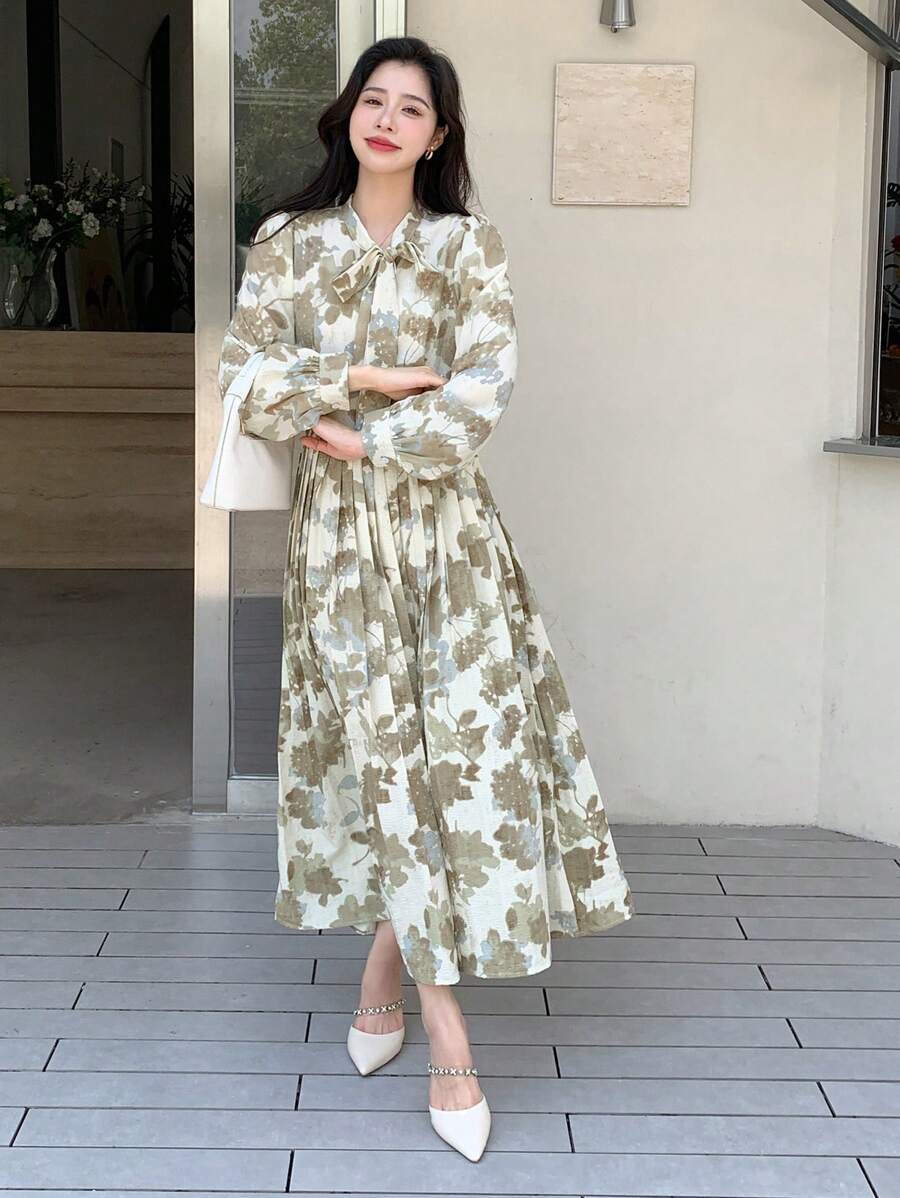 DAZY Vải in hoa Cà vạt Viền xếp Đầm - Nhiều màu - Xem 1