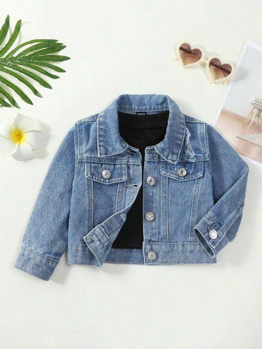 Baby Girl Flap Detail Denim Jacket - Medium Wash - View 1