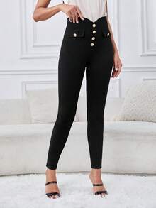 SHEIN Tall Button Fly Flap Detail Skinny Pants - Black - View 5