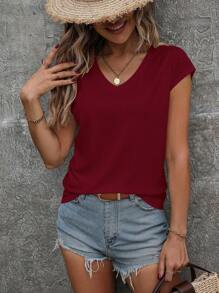 SHEIN LUNE 素色蝙蝠袖V領T恤 - 酒紅色 - 查看 4
