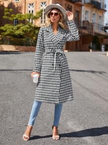 SHEIN Frenchy 千鳥格印花雙排釦腰帶花呢外套 - 黑與白 - 查看 3